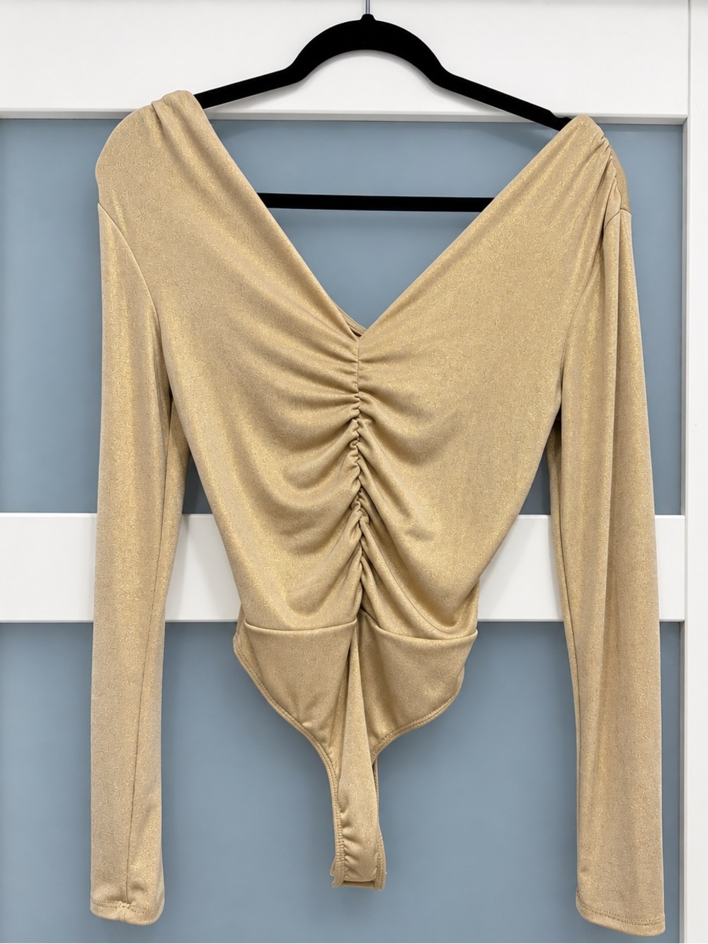 Express Gold Shimmer Ruched Long Sleeve Bodysuit Size Small
